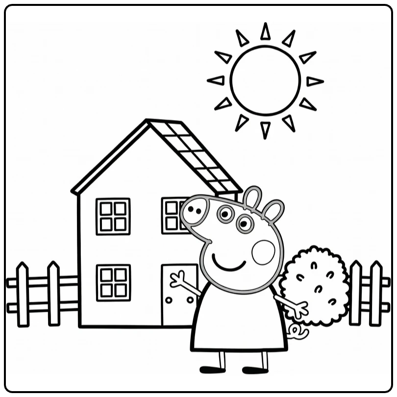 Waving Peppa Pig Next to House and Sun coloring page