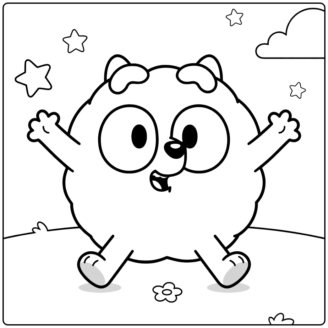 Pompom Bluey Happy with Arms Wide and Flowers coloring page
