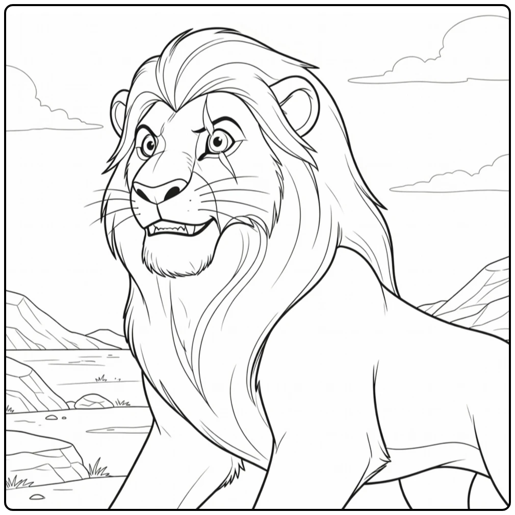 Scar coloring page with a Lion King character scene