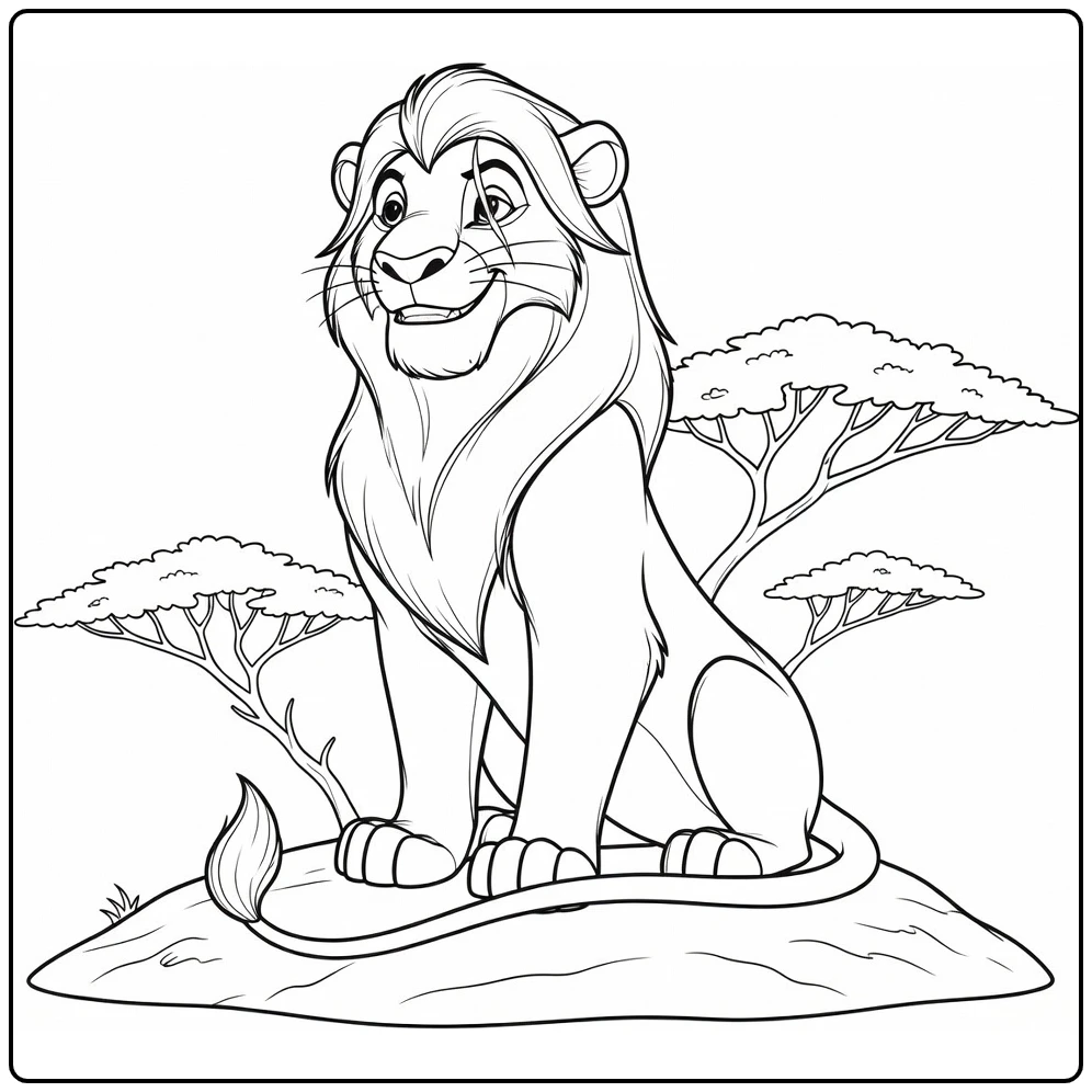 Scar Sitting with Tail Curled and Acacia Branches coloring page