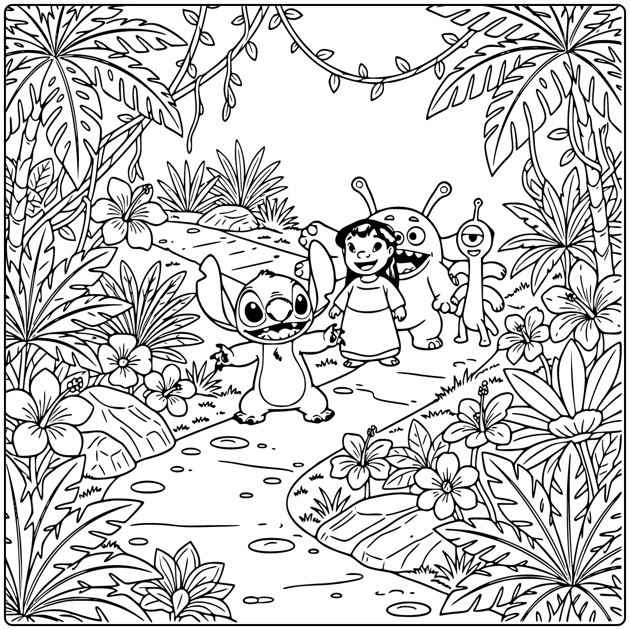 detailed Stitch coloring page exploring a tropical jungle path