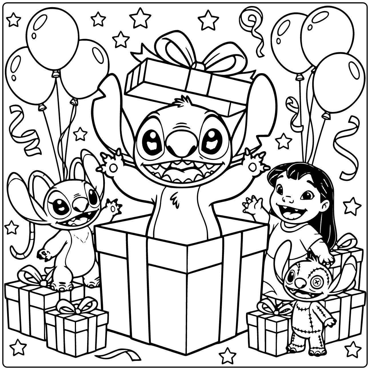 Detailed Happy Stitch with Gift coloring page