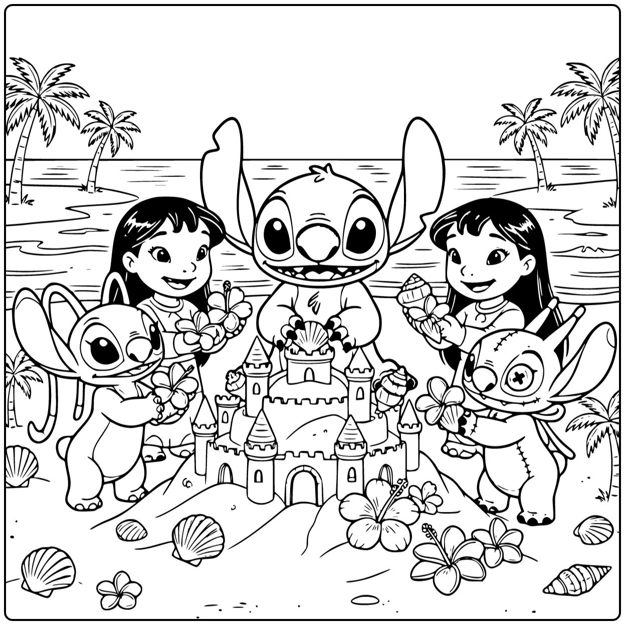 Detailed Stitch with a Tropical Sand Castle coloring page