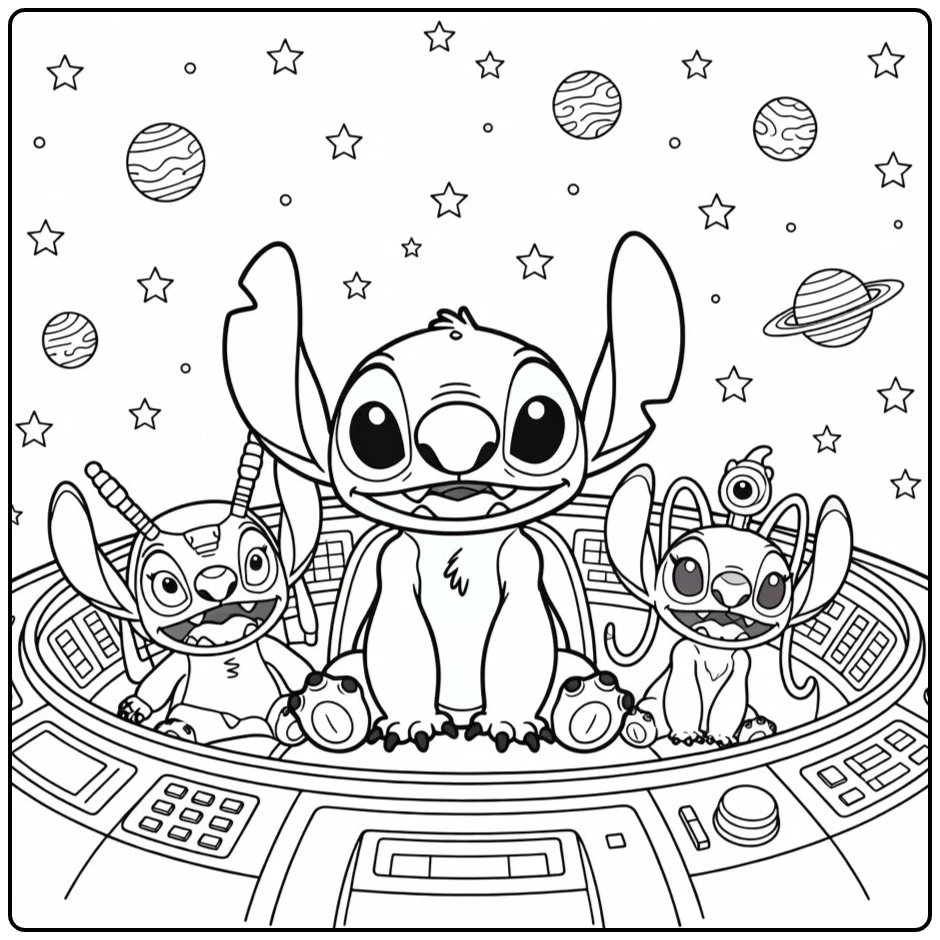 Detailed Stitch in a Spaceship Cockpit coloring page