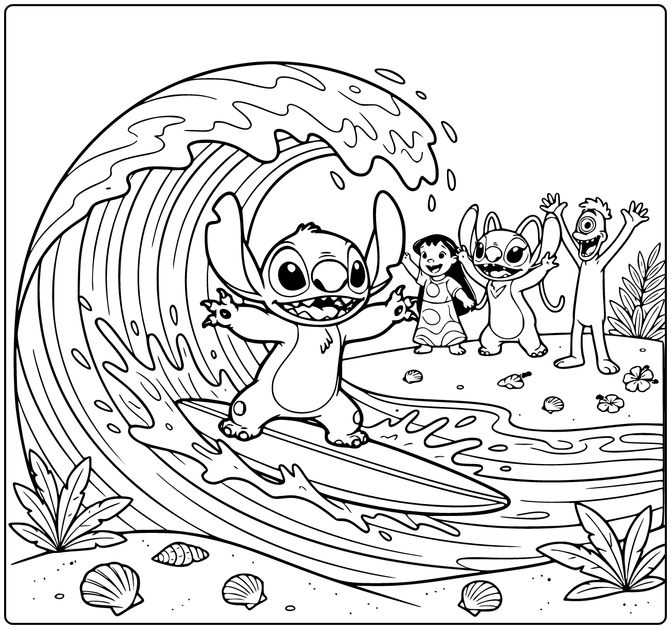 Detailed Stitch on a Surfboard coloring page