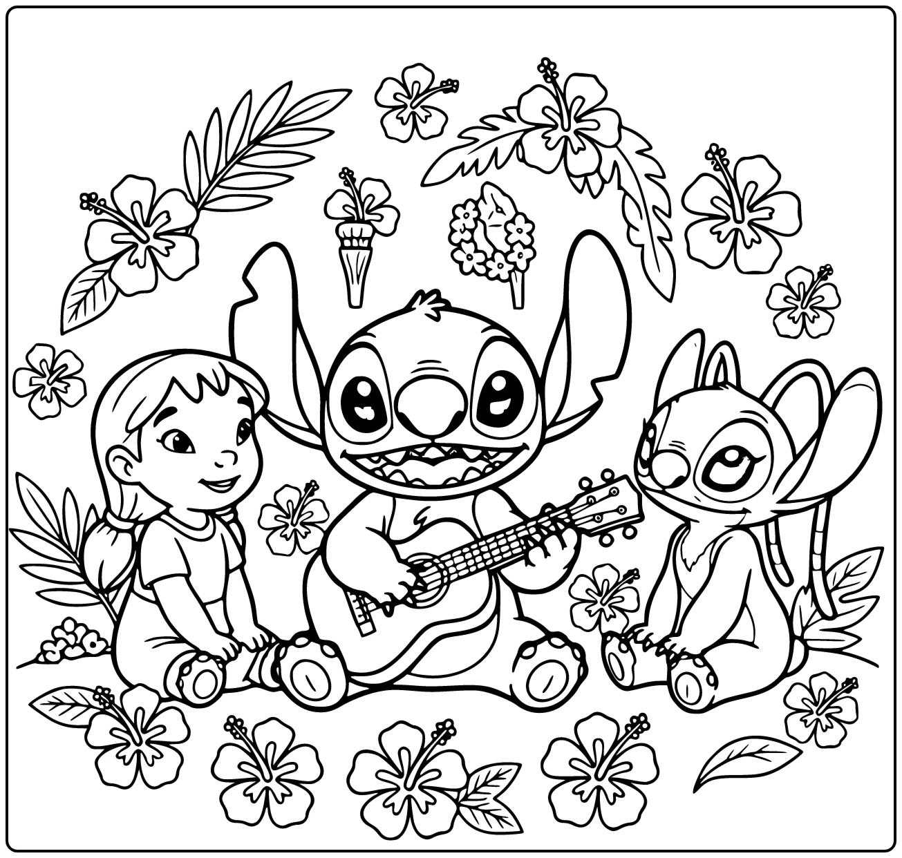 Detailed Cheerful Stitch Playing Ukulele coloring page