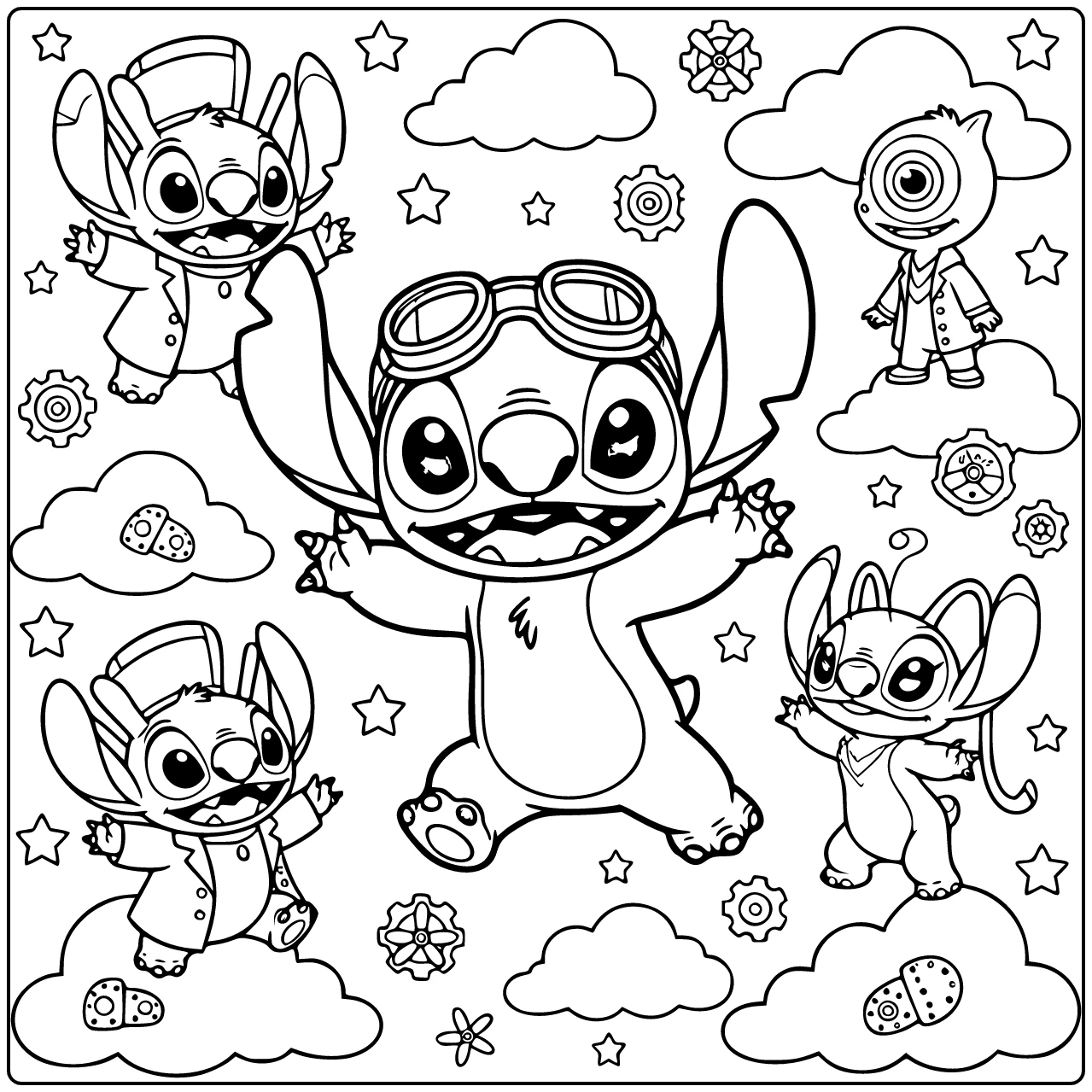Detailed Stitch with Aviator Goggles coloring page