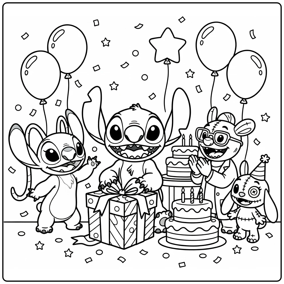 Stitch Birthday Party with Jumba and Scrump coloring page