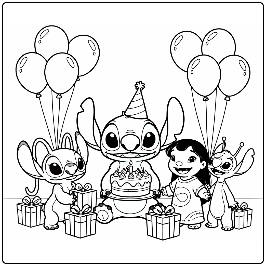 Stitch Birthday Party with Angel, Lilo, and Pleakley coloring page