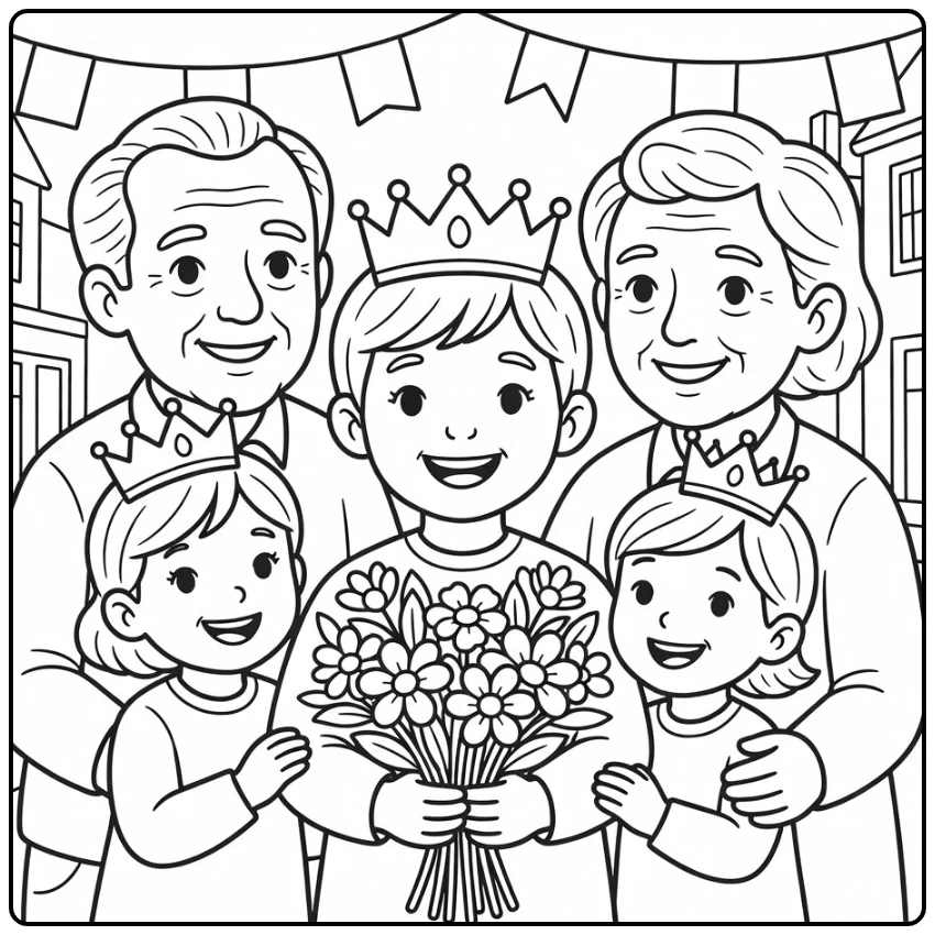 Neighborhood Party with Cheerful King's Day Child coloring page