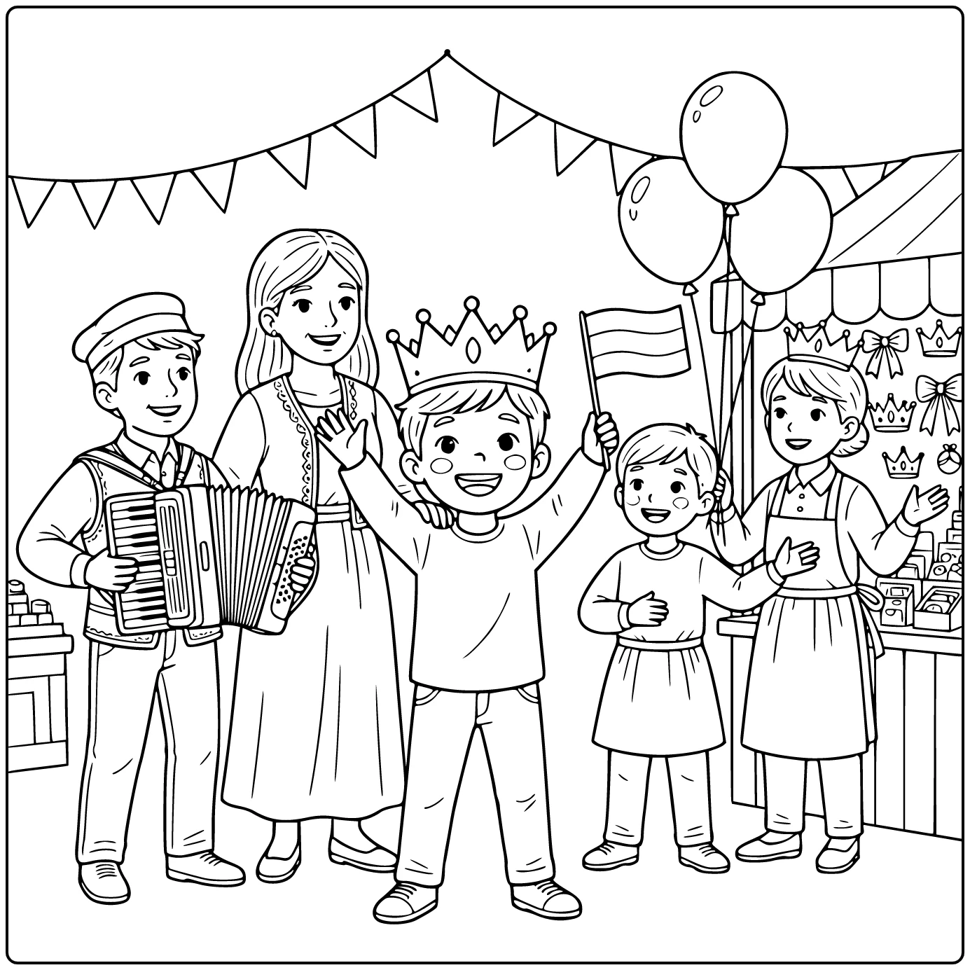 King's Day coloring page with a cheerful child in a Dutch street
