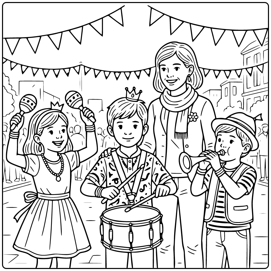 King's Day Young Drummer in Lifelike Street Performance coloring page