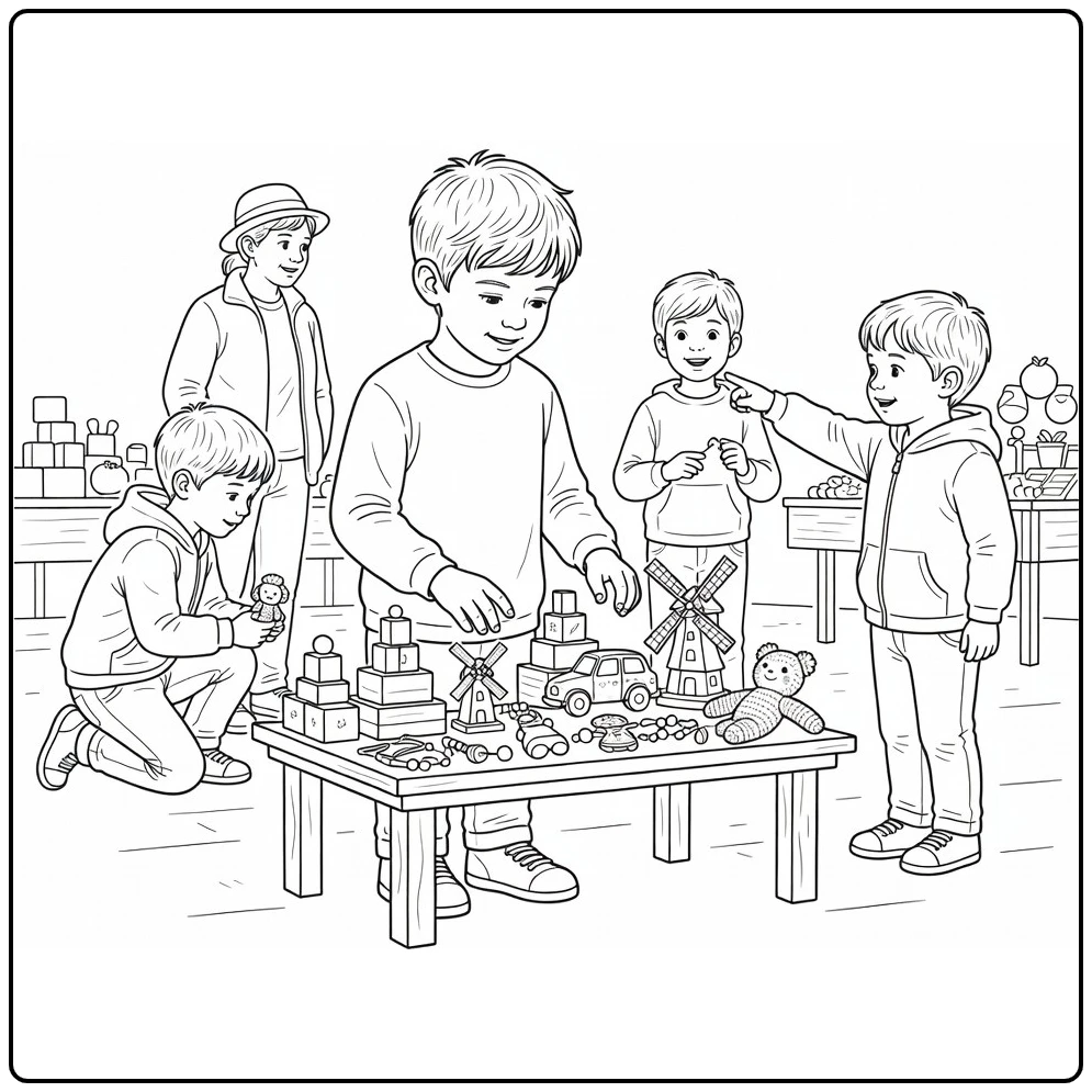 King's Day Child with Toys on Flea Market coloring page