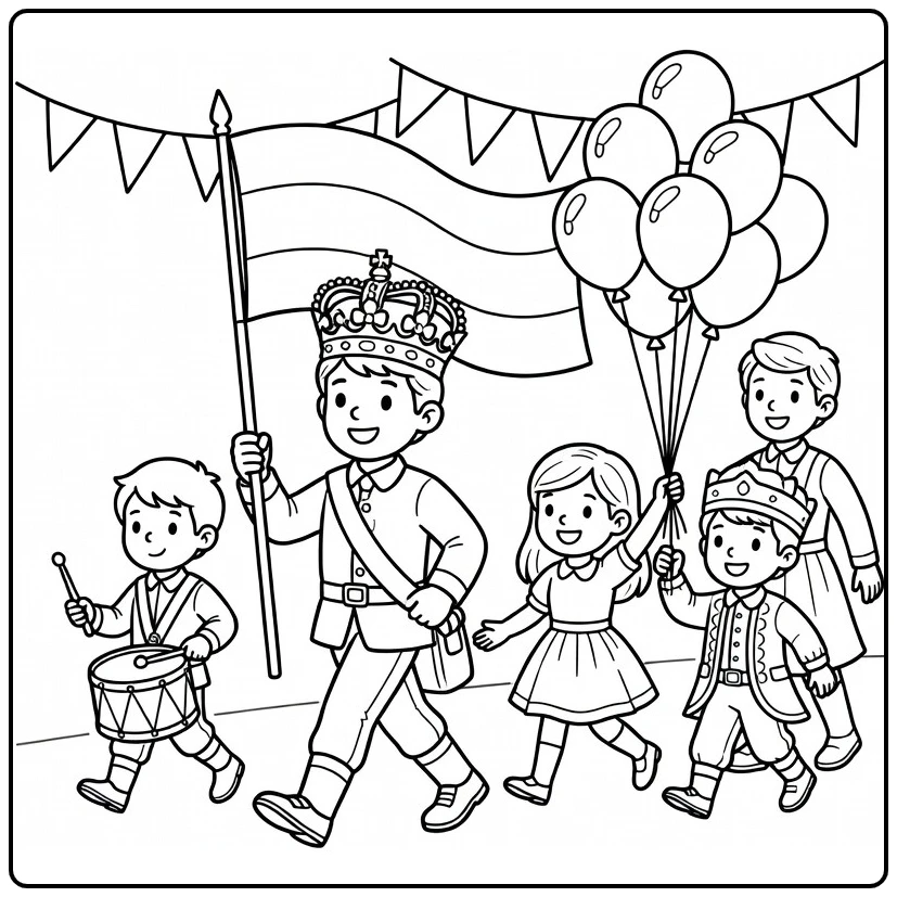 King's Day Children's Parade March Scene coloring page