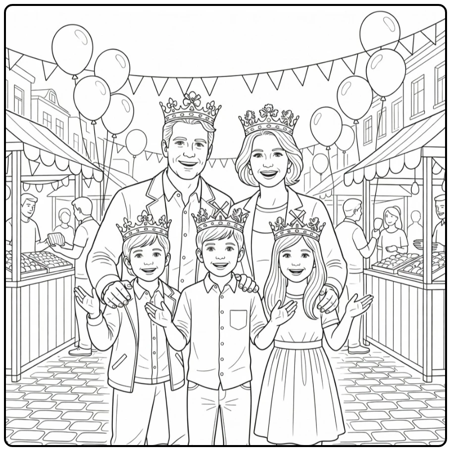 King's Day Joyful Street Party Scene coloring page