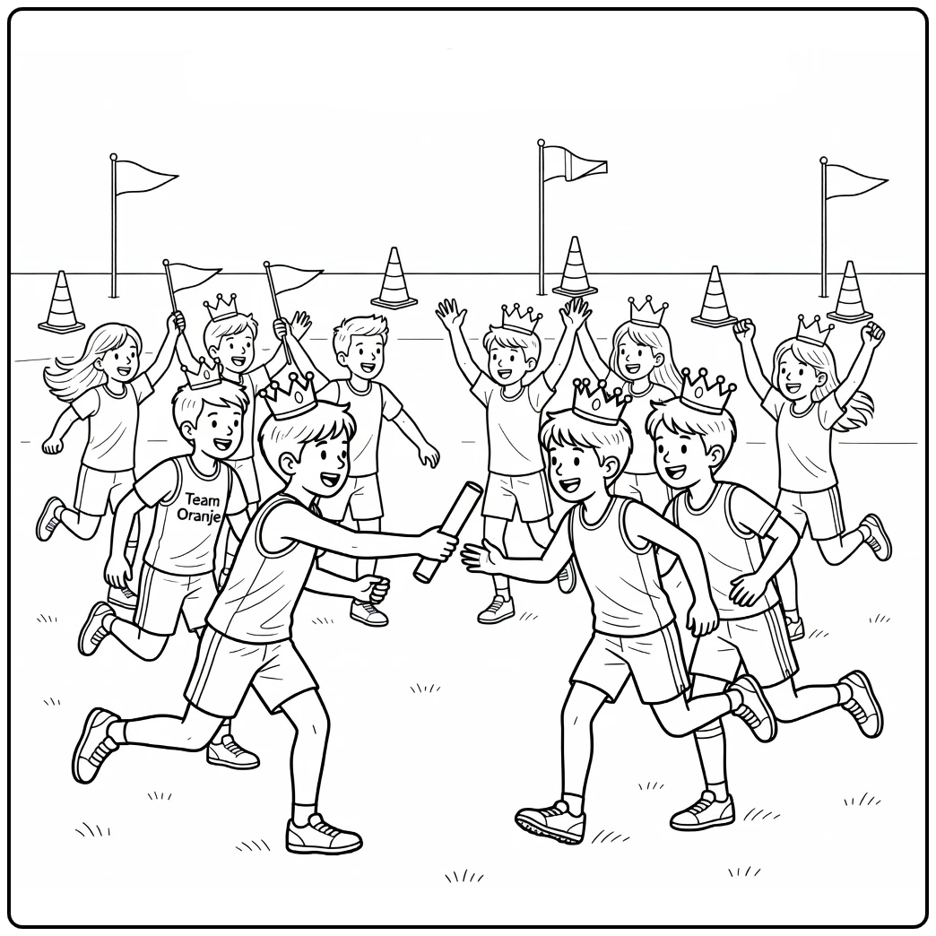 King's Games Relay Race with Crowns and Flags coloring page