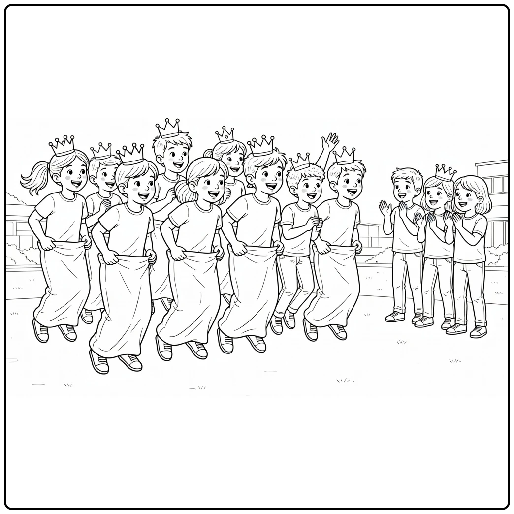 King's Games Crowned Kids in Sack Race coloring page