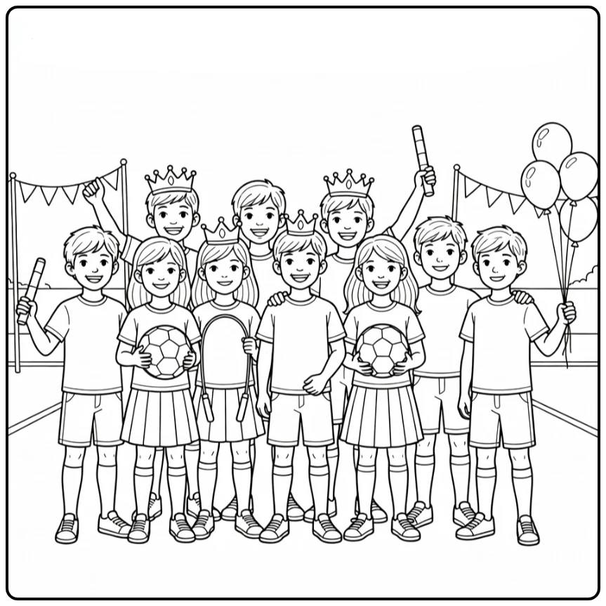King's Games Group Happy Athletes with Crowns coloring page