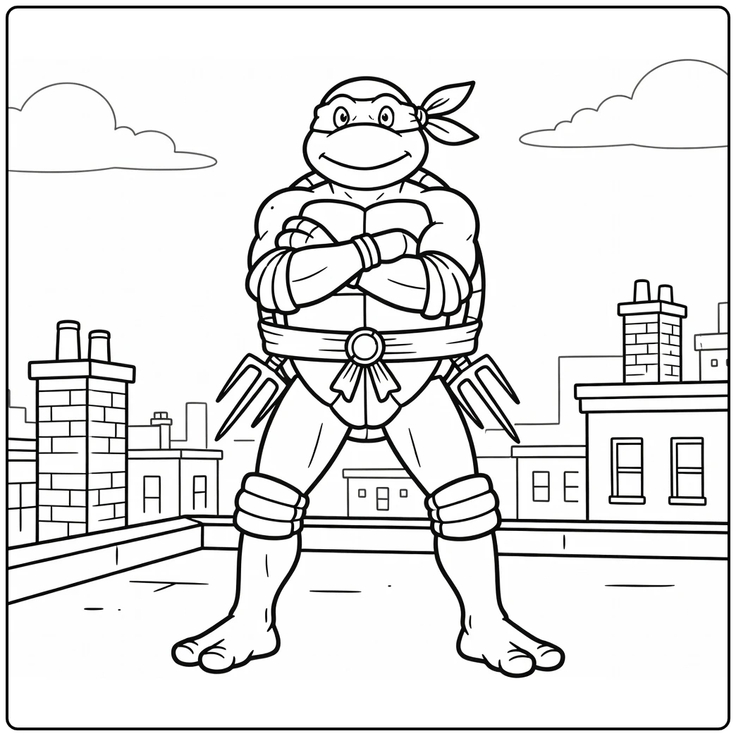 Powerful Raphael on Roof with City coloring page