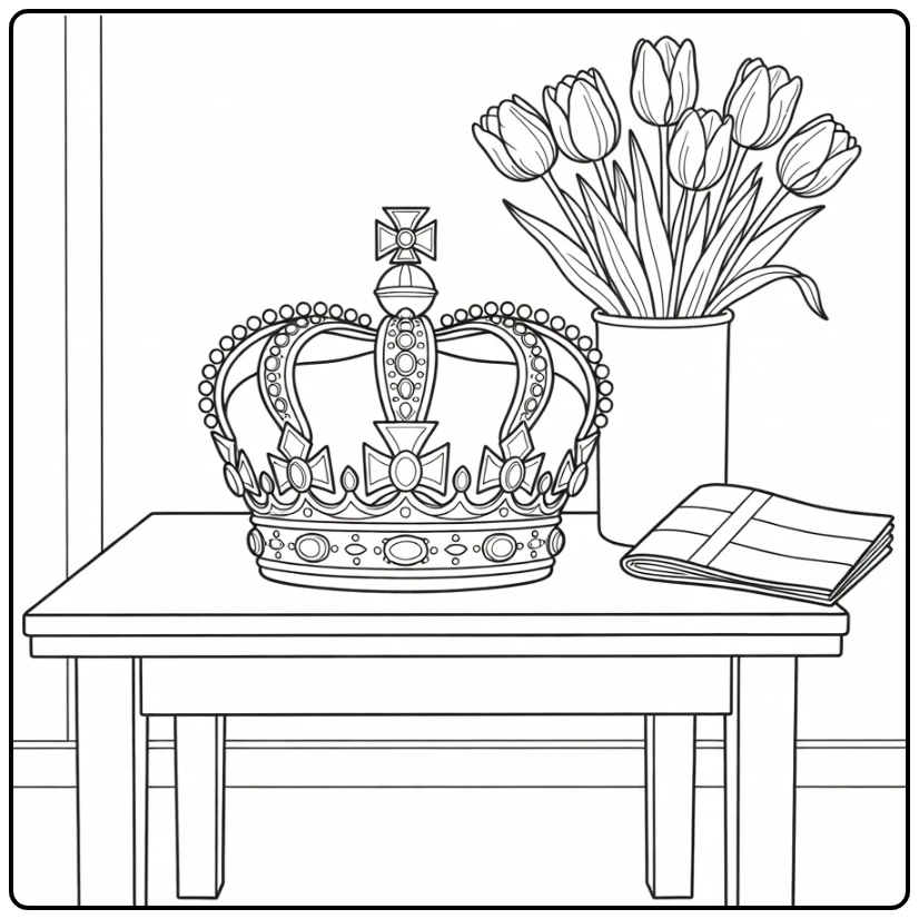 King's Day Crown on Small Table with Tulips coloring page