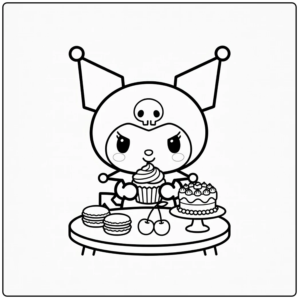 Cute Kuromi Dessert Table with Cake coloring page