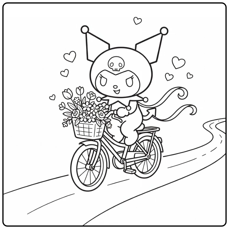Cute Kuromi Riding a Bicycle with Flowers and Hearts coloring page