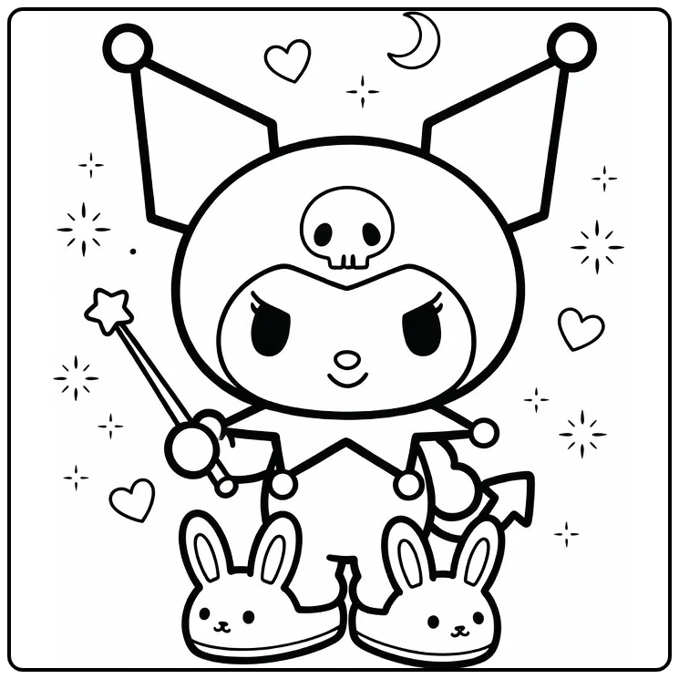 cute Kuromi coloring page with bunny slippers, a magic wand, hearts, and stars