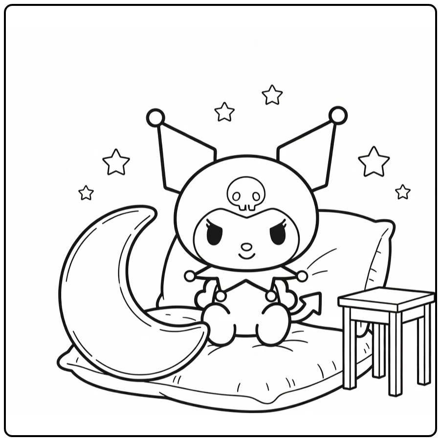 Cute Kuromi in Cozy Bedroom with Moon and Stars coloring page