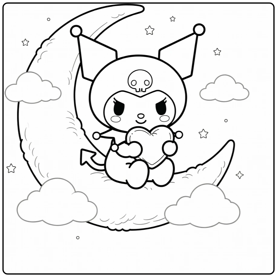 Cute Kuromi Hugging Heart on Fluffy Moon coloring page