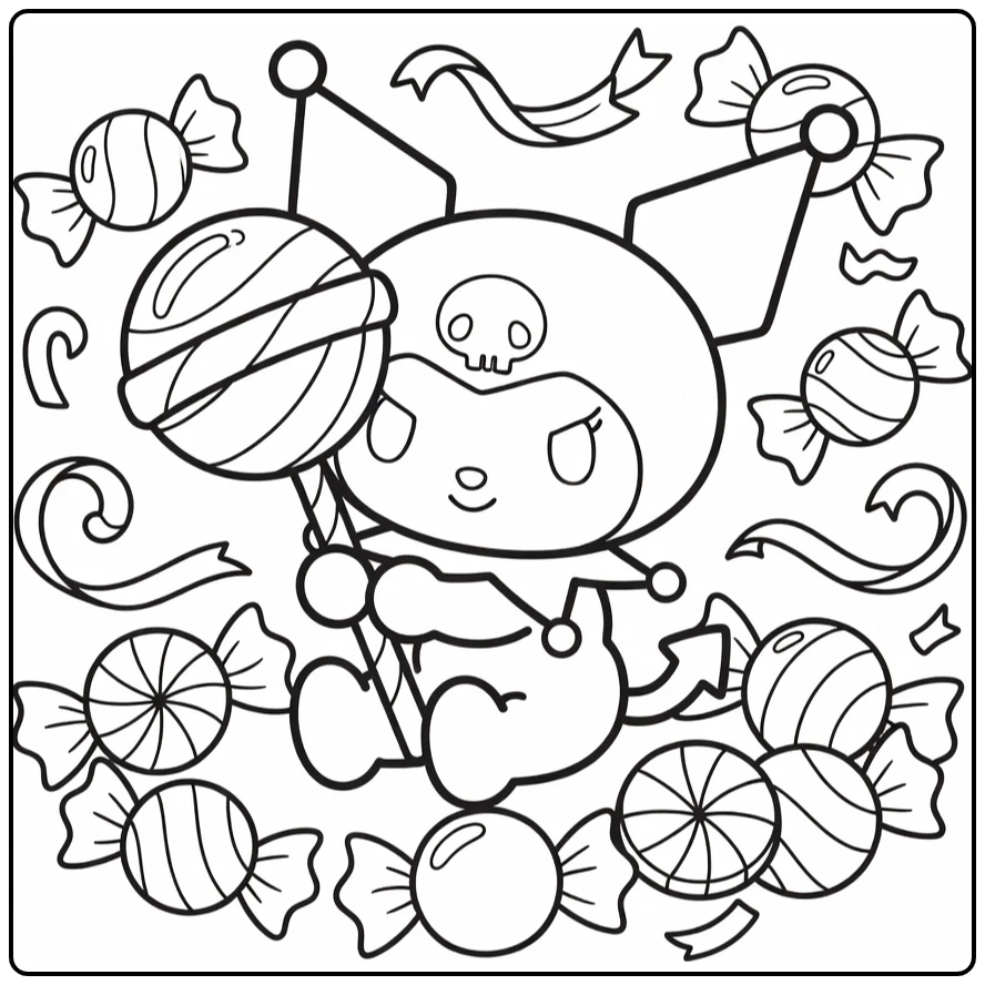 Cute Kuromi Hugging Giant Lollipop in Candy coloring page