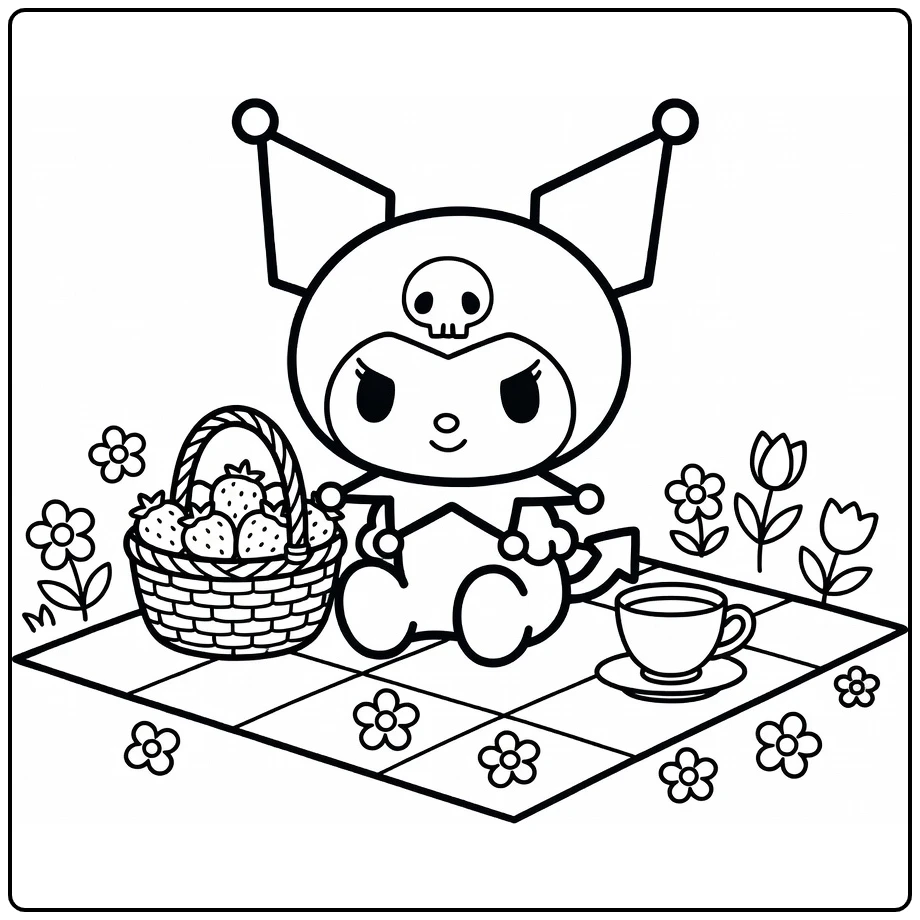 Cute Kuromi on Picnic Blanket with Teacup coloring page