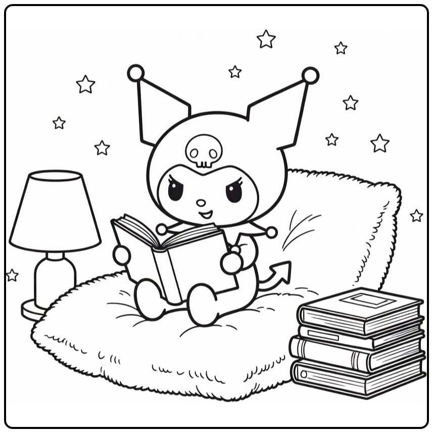 Cute Kuromi on Fluffy Pillow with Lamp Books coloring page
