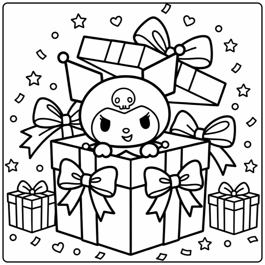 Cute Kuromi Peeking from Surprise Box coloring page