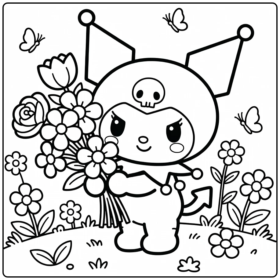 Cute Smiling Kuromi in Garden coloring page