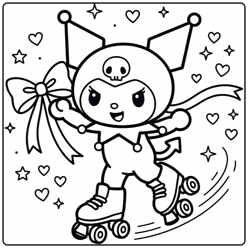 Cute Ice Skating Kuromi with Hearts coloring page