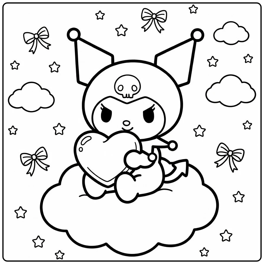Kuromi Cute Hugging Heart on Fluffy Cloud coloring page