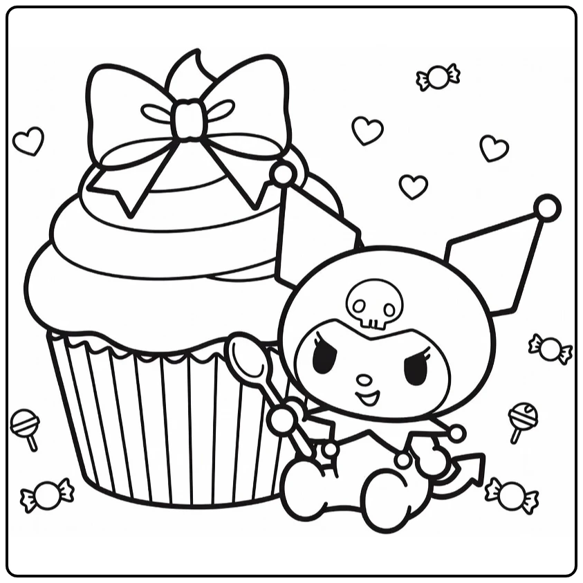 Cute with Playful Kuromi and Hearts coloring page