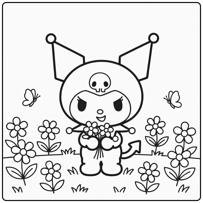 Cute Mischievous Kuromi with Flowers coloring page