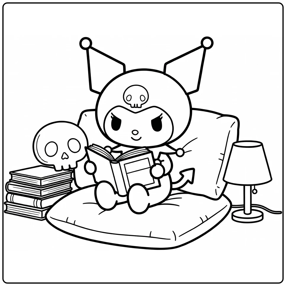 Kuromi coloring page reading on a cushion with books and a lamp