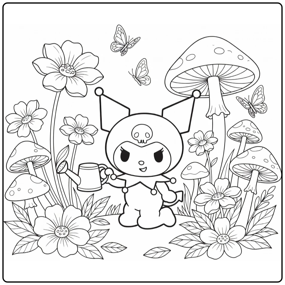 Kuromi with Watering Can in Playful Garden coloring page