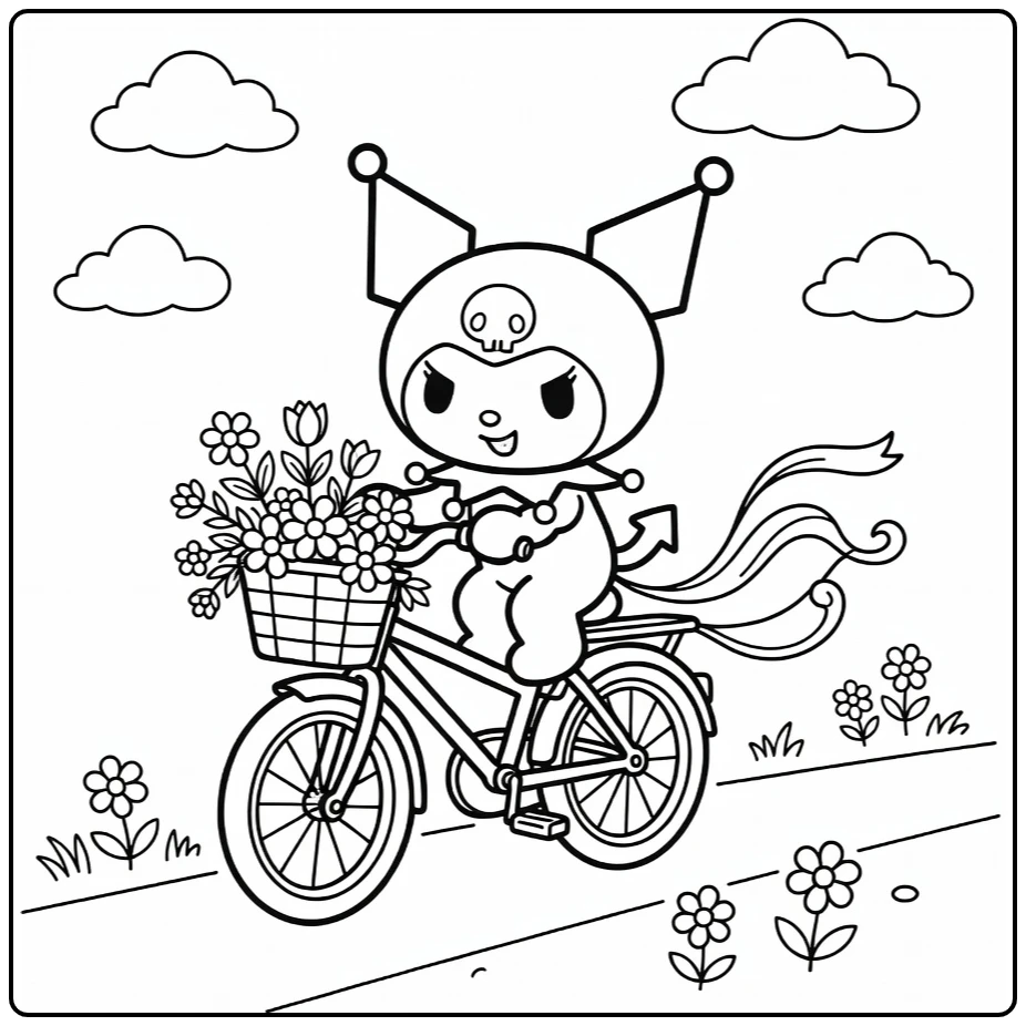 Kuromi on Bicycle with Flowers and Daisies coloring page