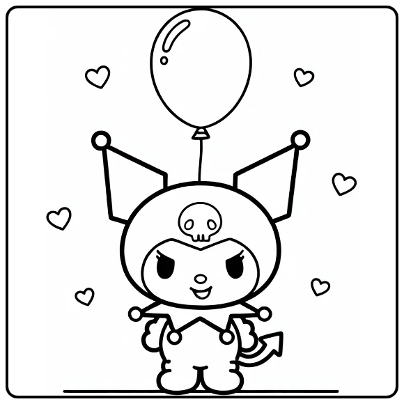 Easy Kuromi Balloon Holding Smiling coloring page