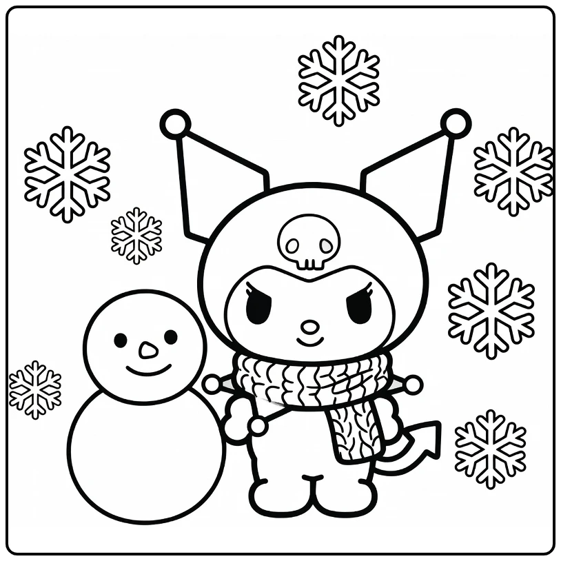 Easy Kuromi with Scarf Next to Snowman coloring page