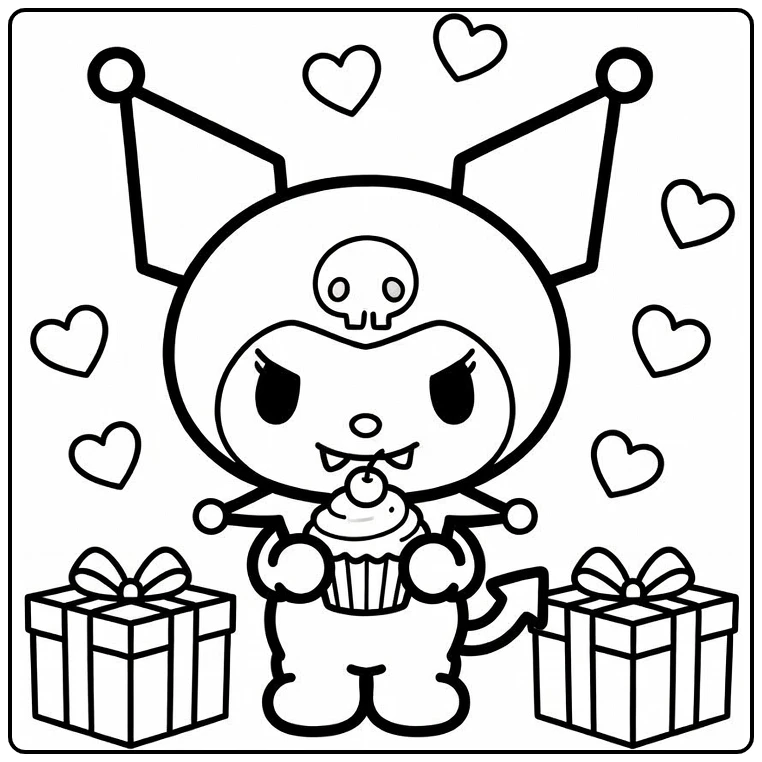 Easy Kuromi Celebrating Birthday with Smile coloring page
