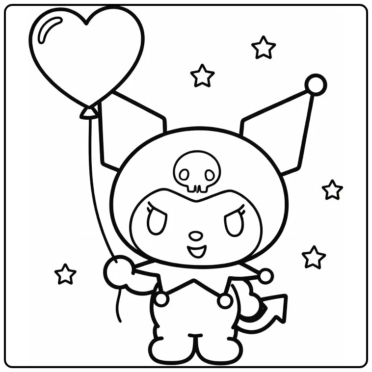 easy Kuromi coloring page smiling with a heart balloon and stars