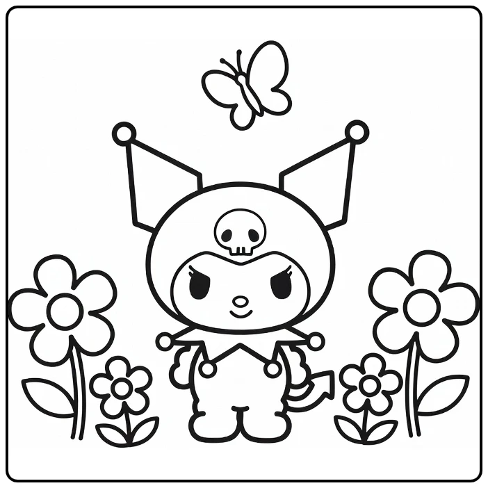 Kuromi Easy with Flowers and Butterfly coloring page