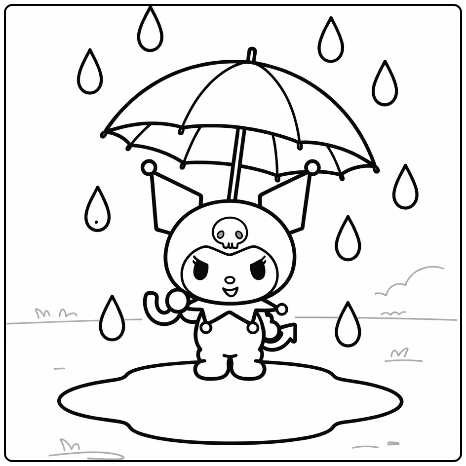 Easy with Smiling Kuromi and Raindrops coloring page