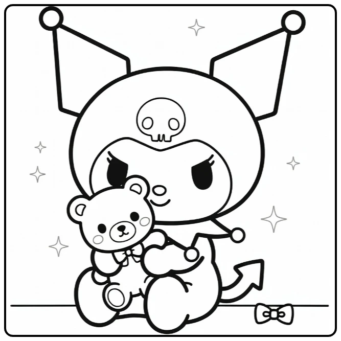 Kuromi Easy with Cute Bear and Small Bow coloring page
