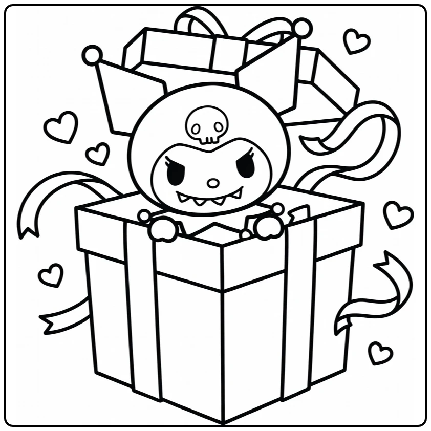 Kuromi Easy Mischievous Behind Gift Box coloring page