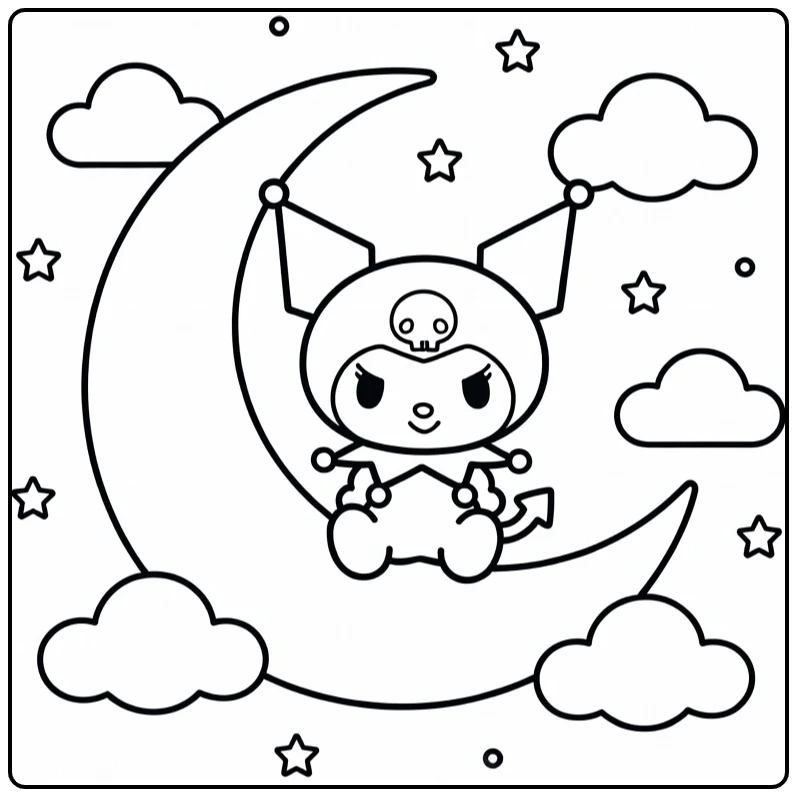 Easy Cute Kuromi on Crescent Moon coloring page